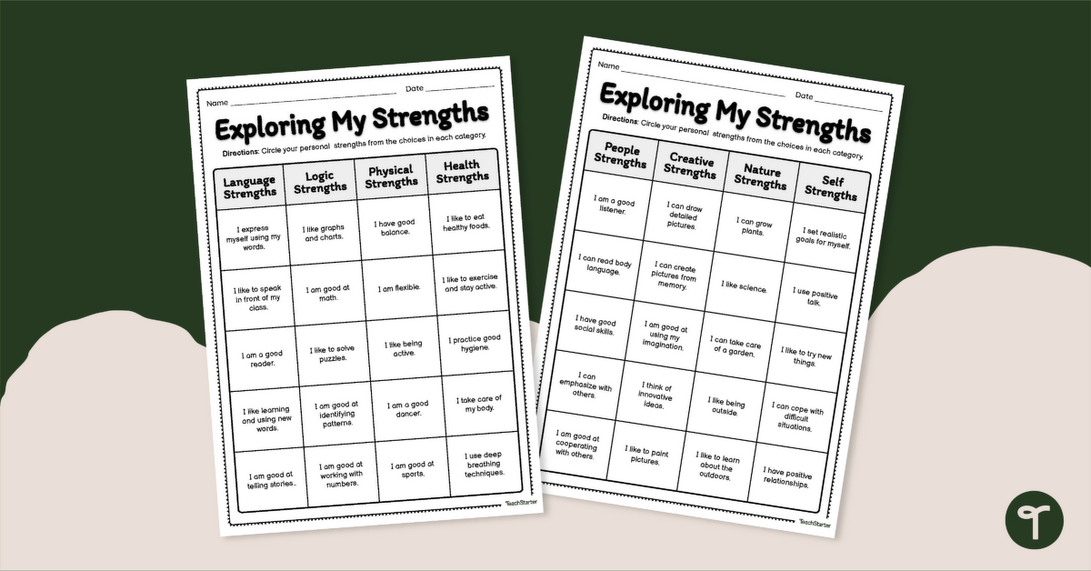 Exploring My Strengths Worksheet teaching resource