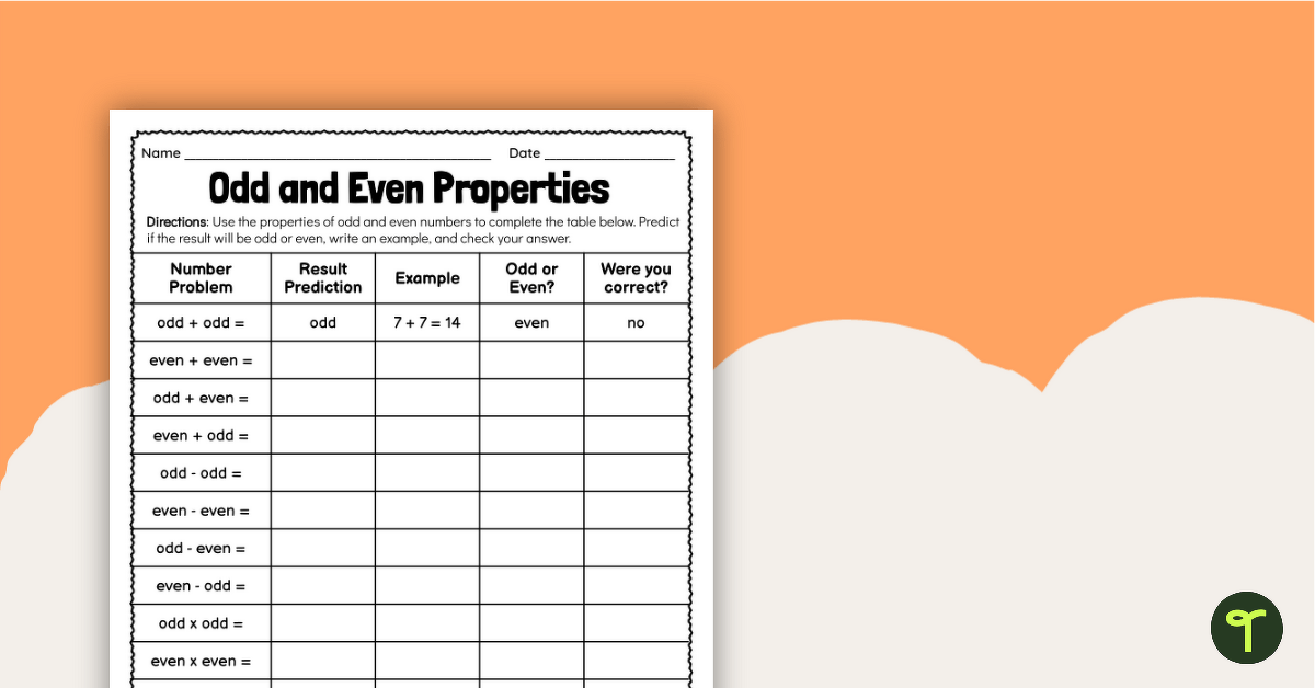 Odd and Even Properties Worksheet teaching resource