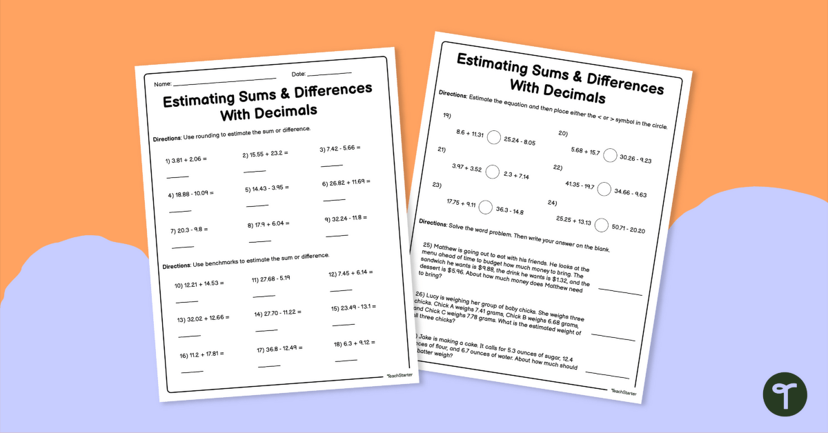 Estimating Sums and Differences With Decimals Worksheet for 5th Grade teaching resource