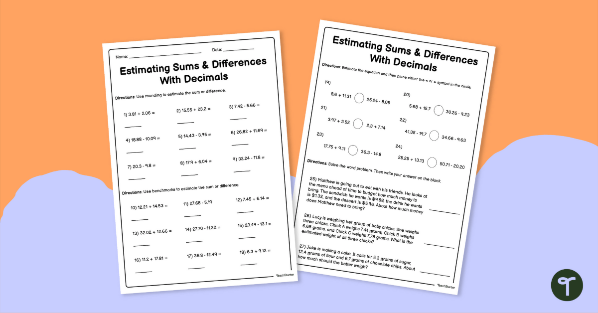 Estimating Sums and Differences With Decimals Worksheet for Year 6 teaching resource