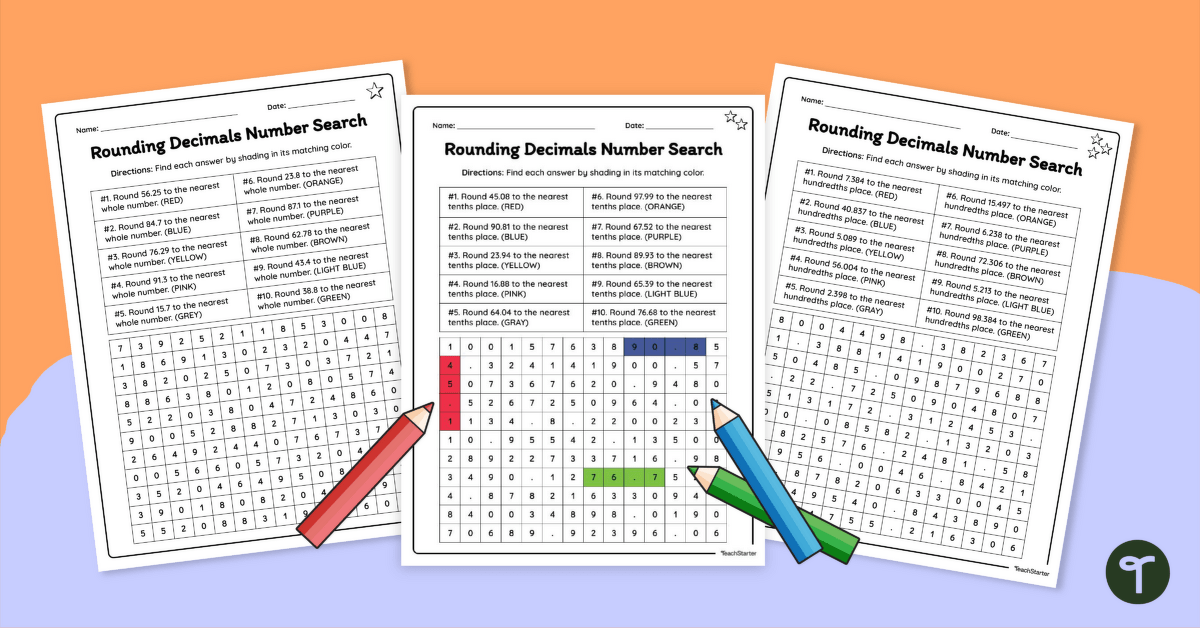 Rounding Decimals Number Search Worksheets for 5th Grade teaching resource