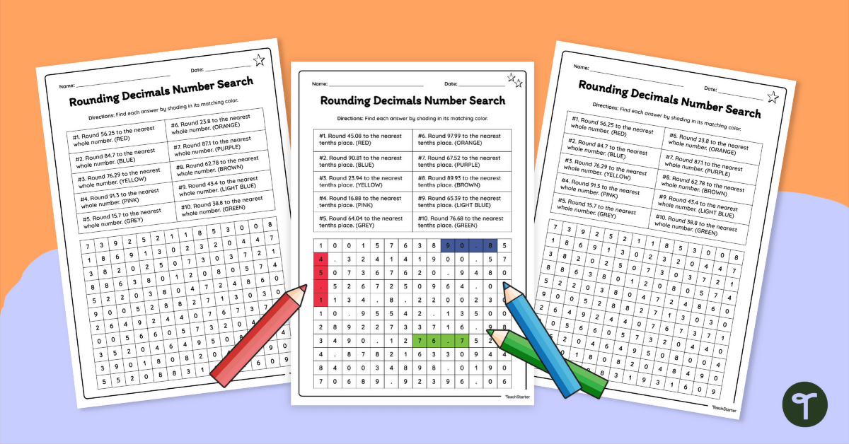Rounding Decimals Number Search Worksheets teaching resource