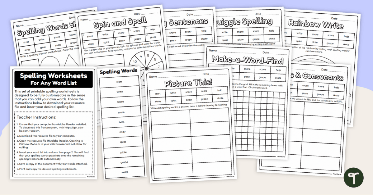 Auto-Fill Customizable Spelling Worksheets teaching resource
