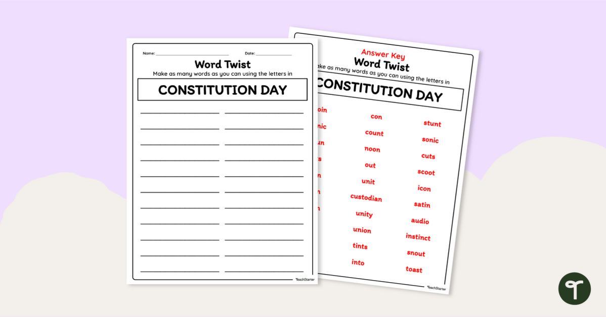 Constitution Day Word Scramble Worksheet teaching resource