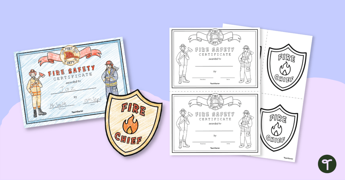 Printable Fire Safety Badge and Certificate teaching resource