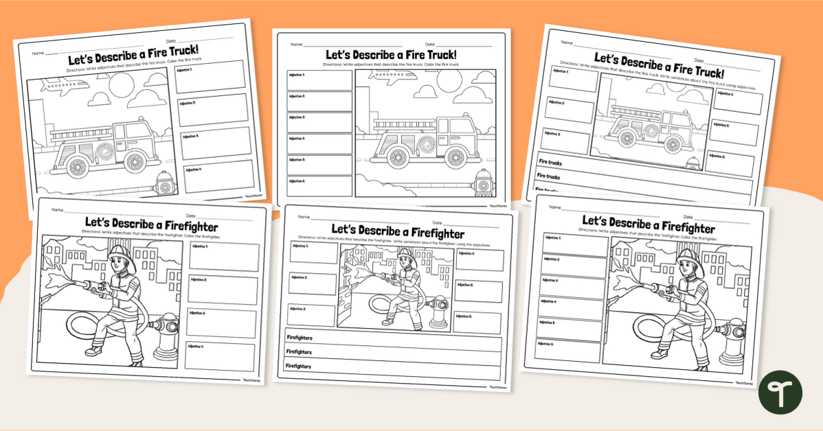 Firefighters and Fire Trucks Worksheet Pack - Adjectives teaching resource