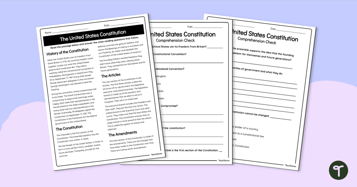 The U.S. Constitution Reading Comprehension Worksheets teaching resource