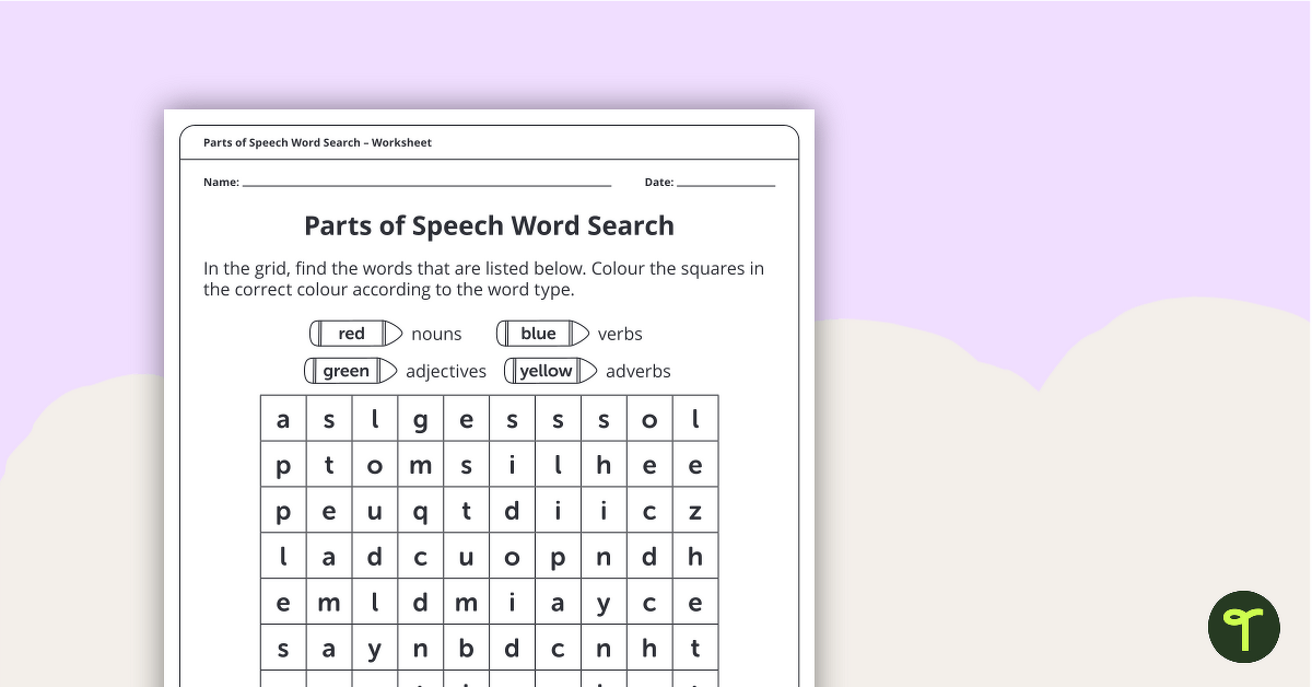 Parts of Speech Word Search (Nouns, Adjectives, Verbs and Adverbs) – Worksheet teaching resource