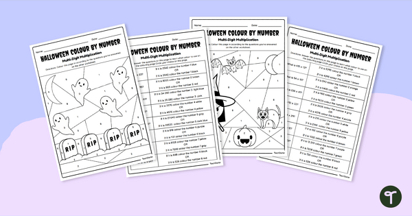 Go to Halloween Colour by Number - Double Digit Multiplication Worksheets teaching resource