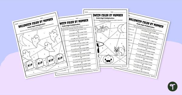Double Digit Multiplication Worksheets - Halloween Color By Number teaching resource