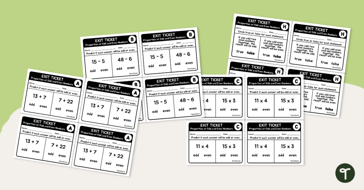 Properties of Odd and Even Numbers Exit Tickets teaching resource