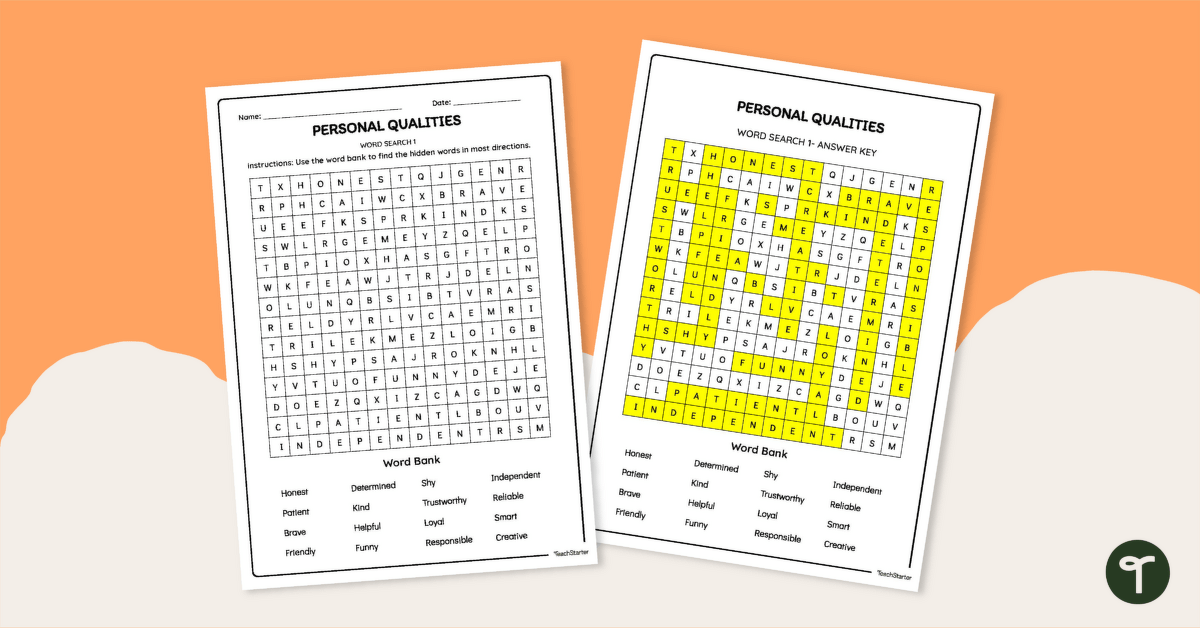 Personal Qualities Word Search teaching resource