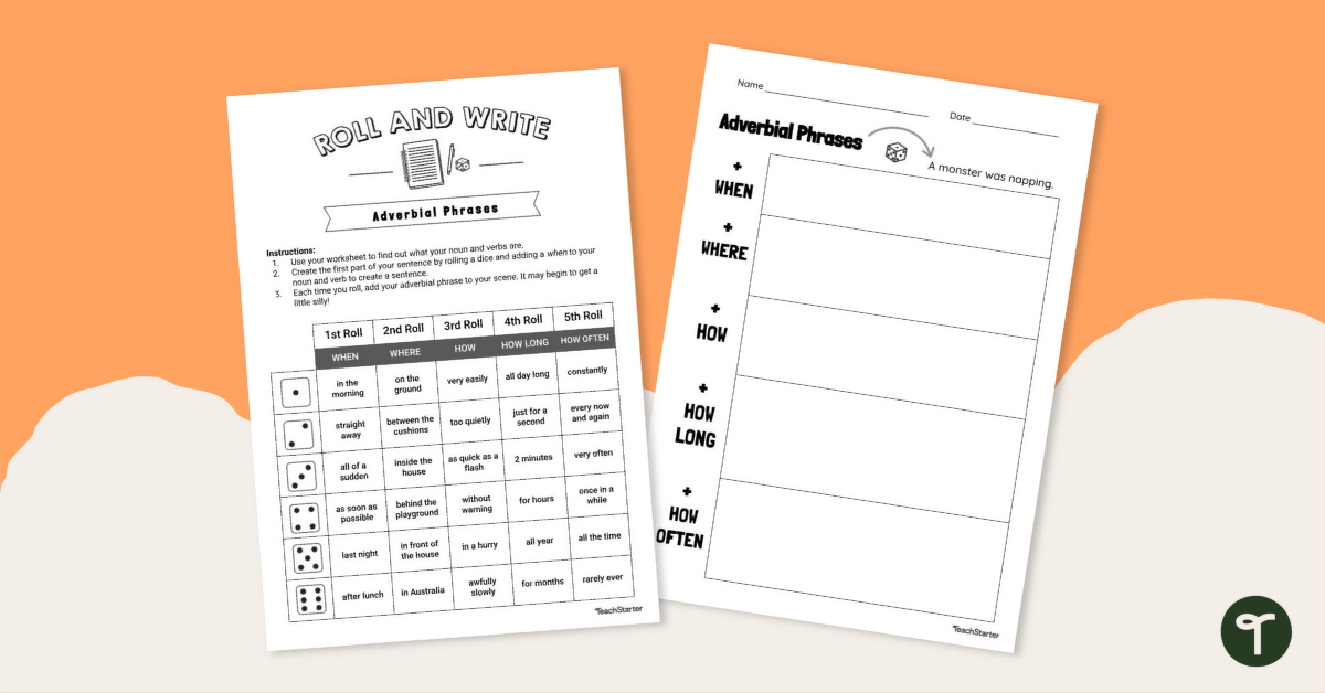 Adverbial Phrases Roll and Write Activity teaching resource