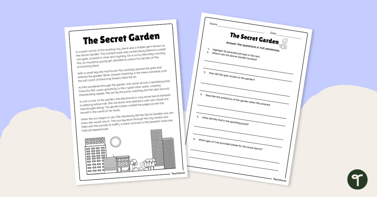 Adverbial Phrases Comprehension Task: The Secret Garden teaching resource