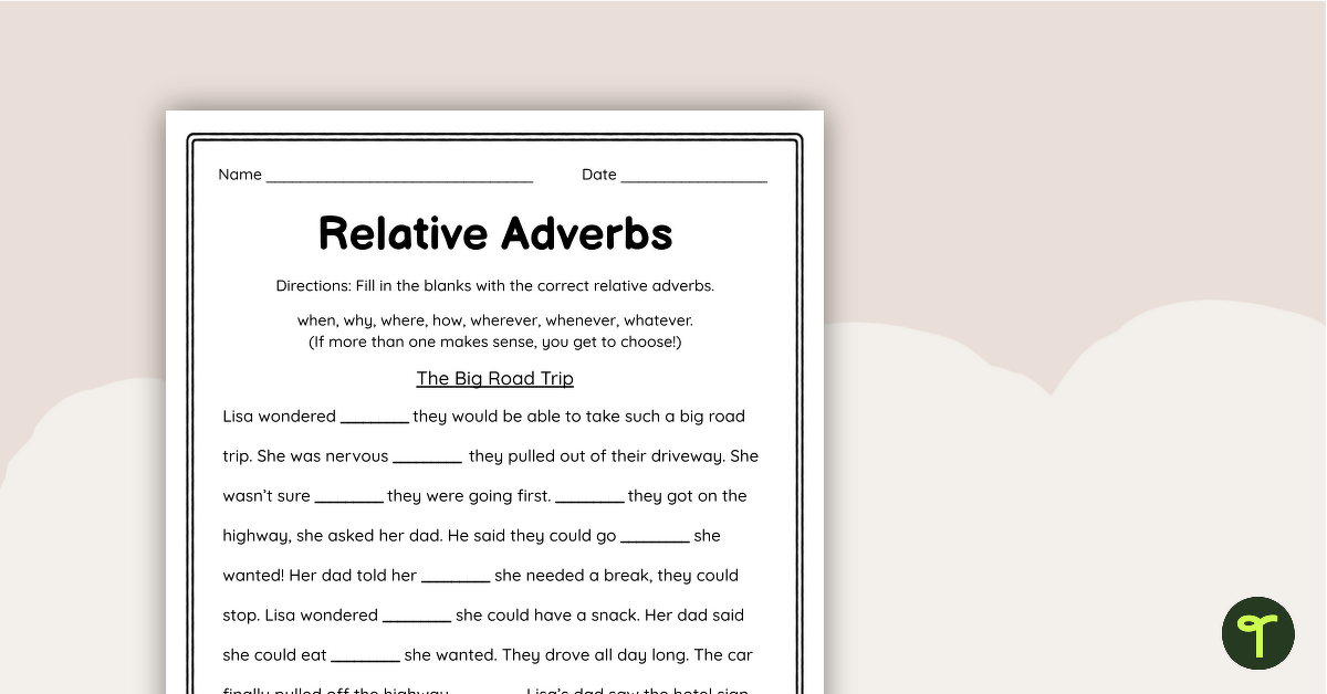Relative Adverbs Worksheet Pack teaching resource