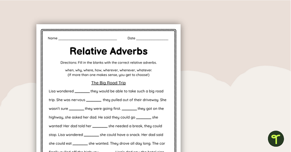 Go to Relative Adverbs Worksheet Pack teaching resource