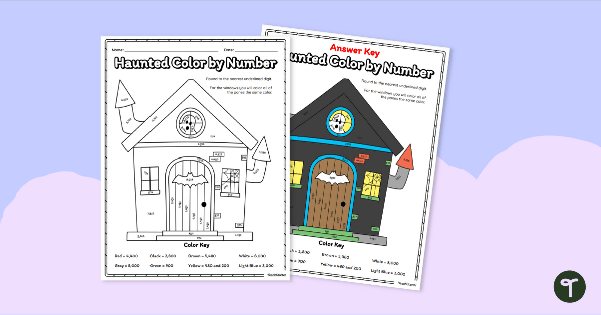 Rounding to 10, 100, and 1,000 Worksheet - Halloween Color-By-Number teaching resource