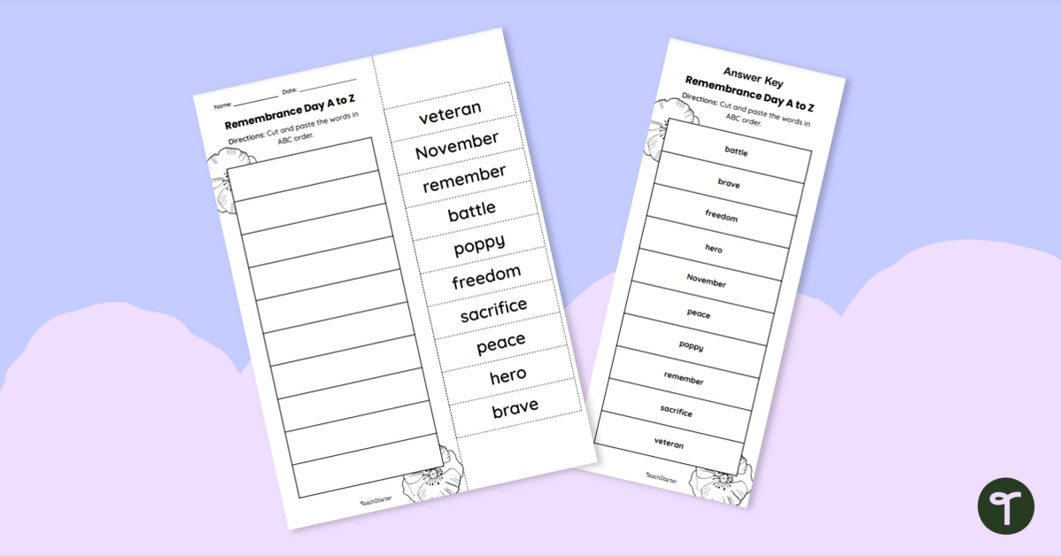 Remembrance Day Vocabulary - Alphabetical Order Worksheet teaching resource