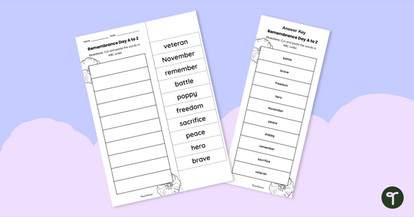 Go to Remembrance Day Vocabulary - Alphabetical Order Worksheet teaching resource