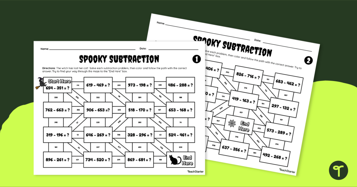 Spooky 3-Digit Subtraction - Maze Game teaching-resource