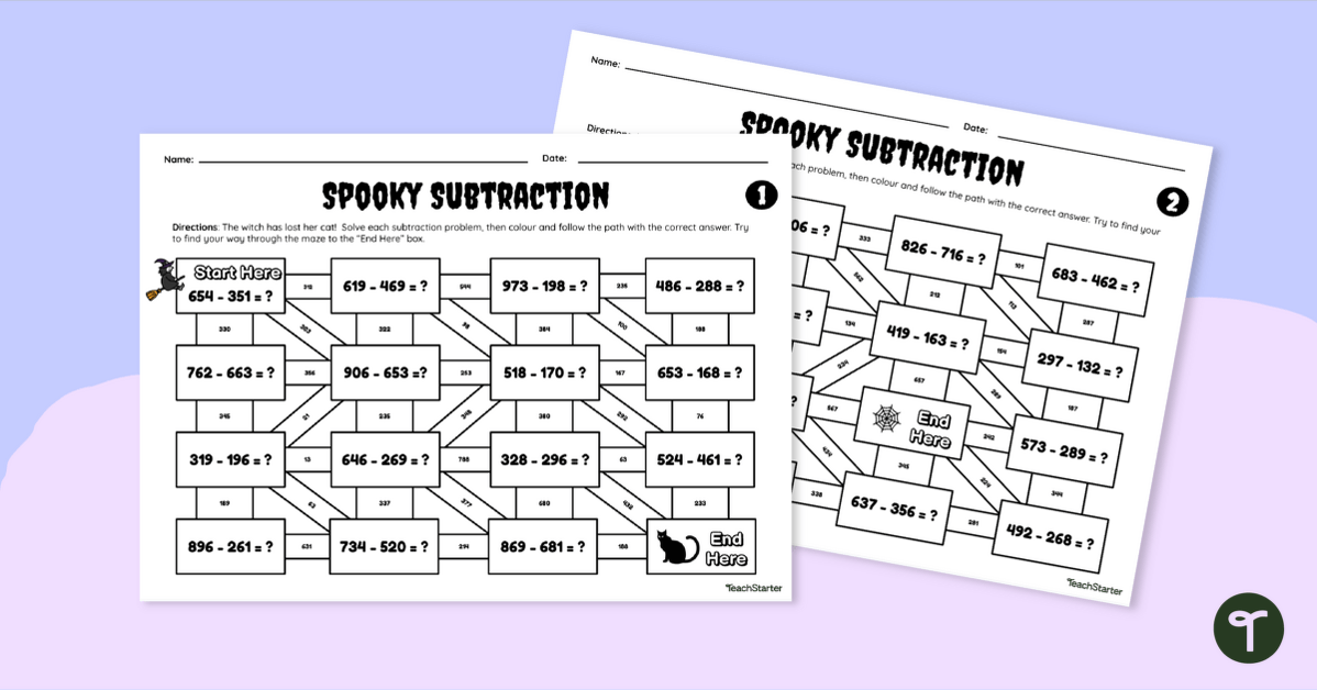 Spooky 3-Digit Subtraction - Maze Game teaching resource