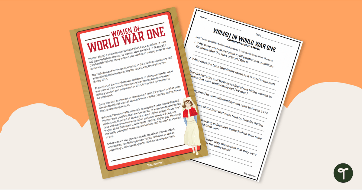 Women In World War One Reading Comprehension Worksheet teaching resource