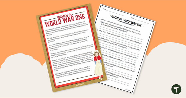 Go to Women In World War One Reading Comprehension Worksheet teaching resource