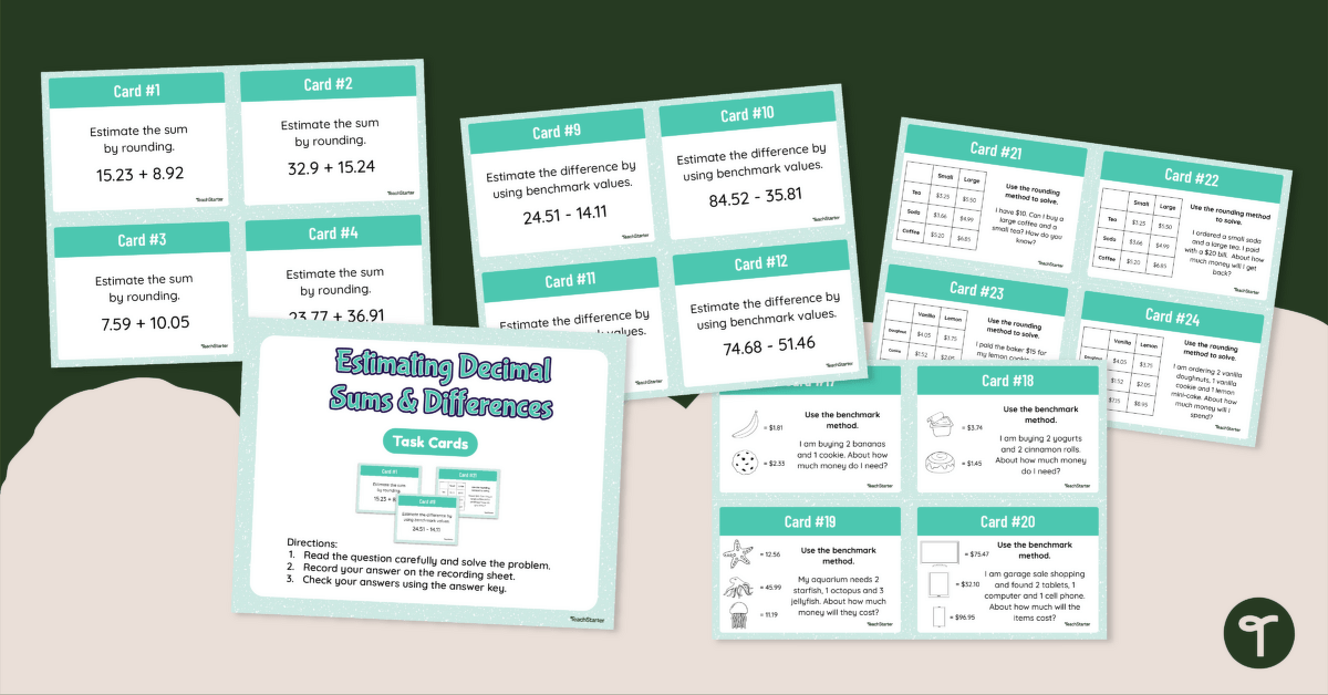 Estimating Decimal Sums and Differences Task Cards teaching resource