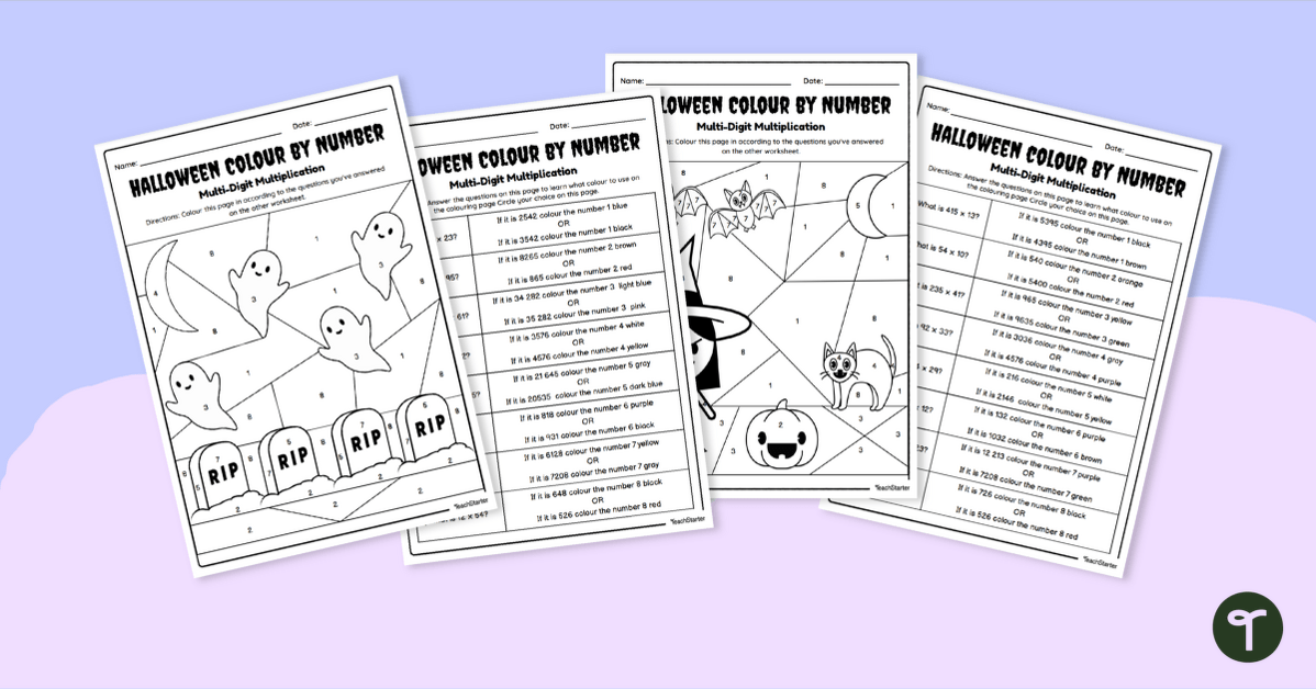 Halloween Colour by Number - Double Digit Multiplication Worksheets teaching resource