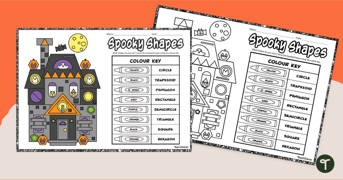 Halloween Shapes - Colour By 2D Shapes Worksheet for Key Stage 1 teaching resource