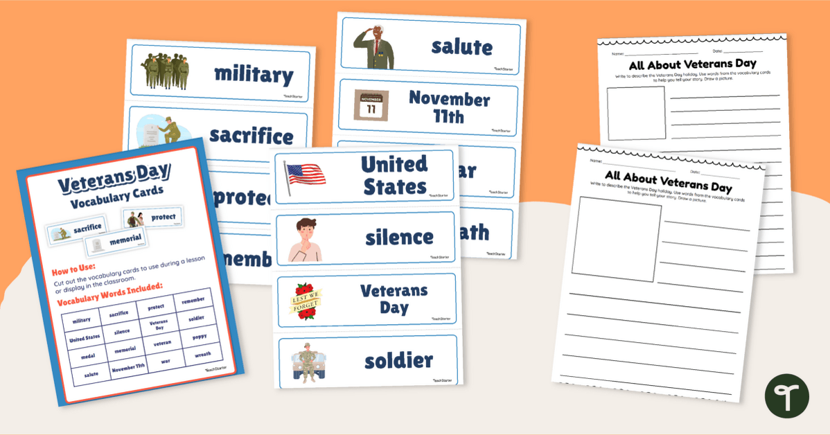 Veterans Day Vocabulary Cards and Writing Center teaching resource