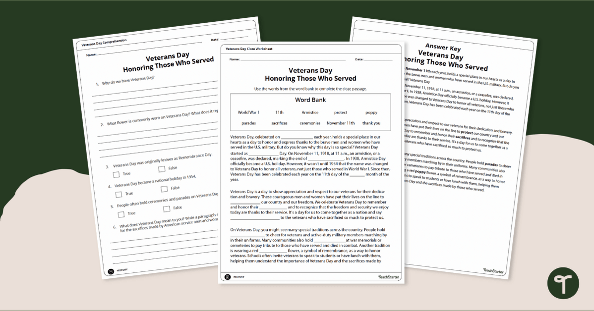Veterans Day - 4th Grade Reading Comprehension Worksheets teaching resource