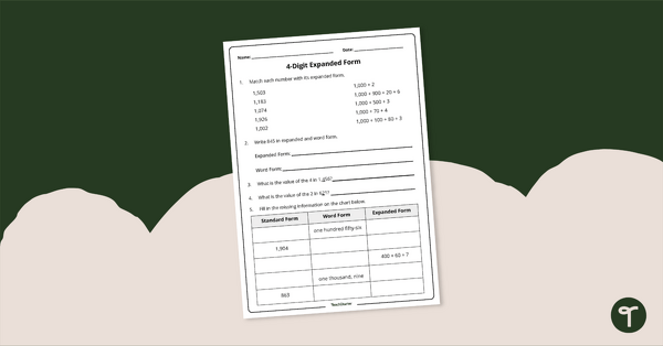 Image of 4-Digit Expanded Form Worksheet