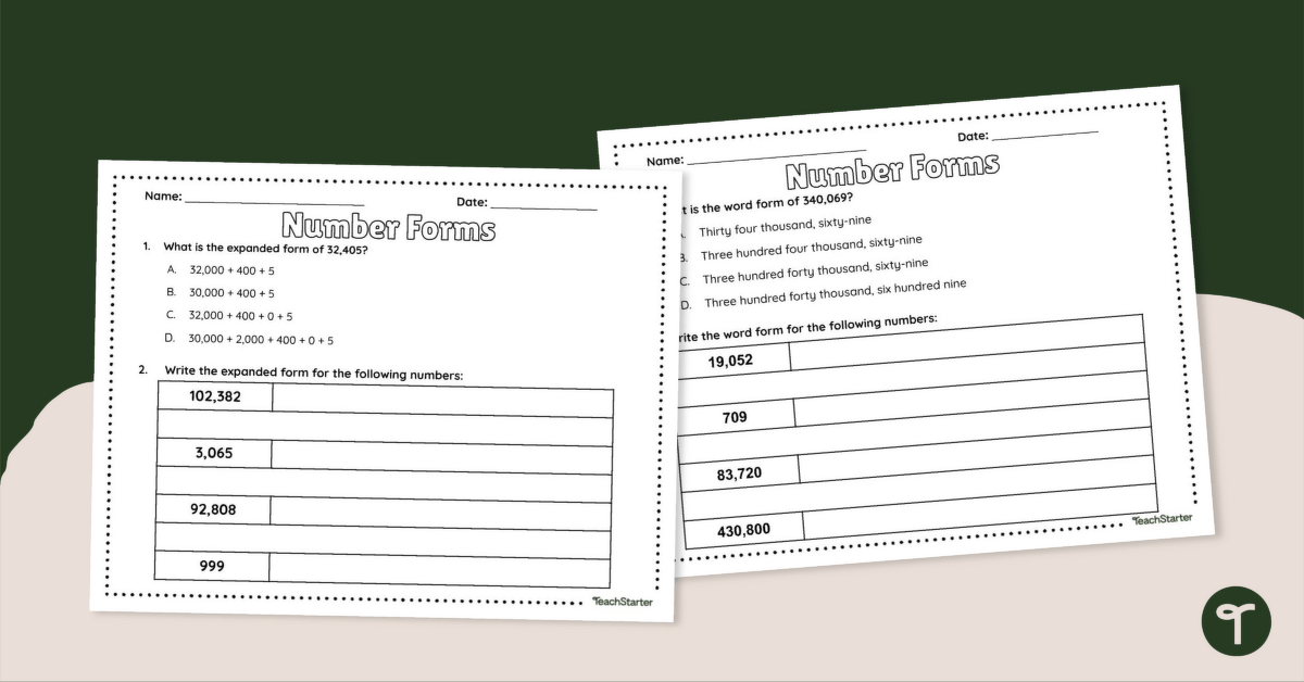 Number Forms Worksheet (Up to 5 Digits) teaching resource