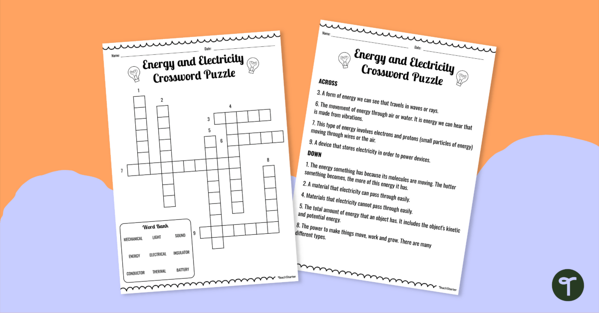 Energy and Electricity Crossword Puzzle teaching resource