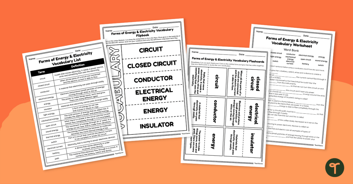 Forms of Energy & Electricity Vocabulary Worksheets teaching resource