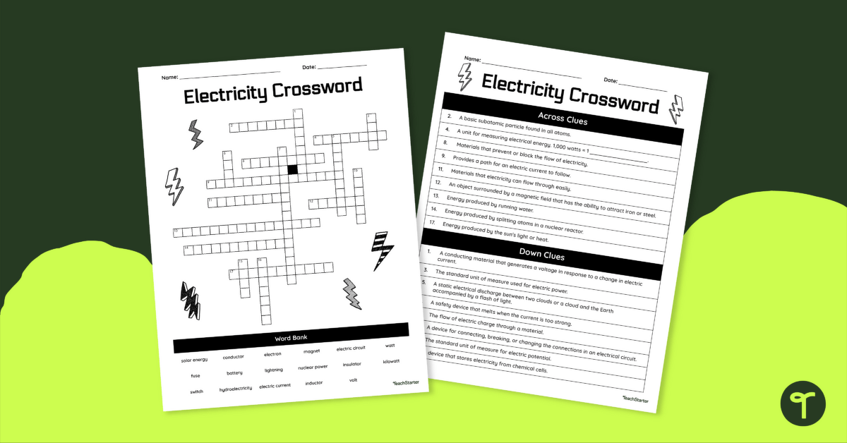 Electricity Crossword teaching resource