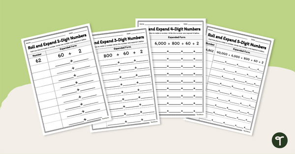 Go to Roll and Expand Numbers Worksheet Pack teaching resource