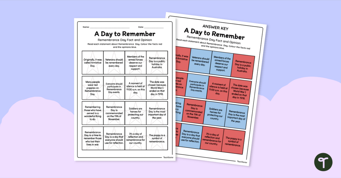 Remembrance Day Fact and Opinion Worksheet teaching resource