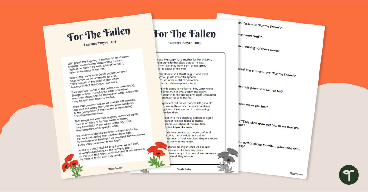 For The Fallen - Remembrance Day Poem & Reading Comprehension Worksheet teaching resource