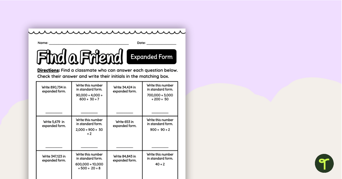 Find a Friend Expanded Form Worksheet teaching resource