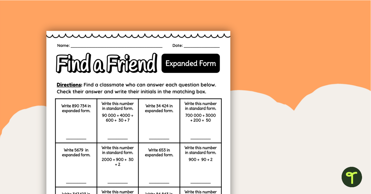 Find a Friend Expanded Form Worksheet teaching resource