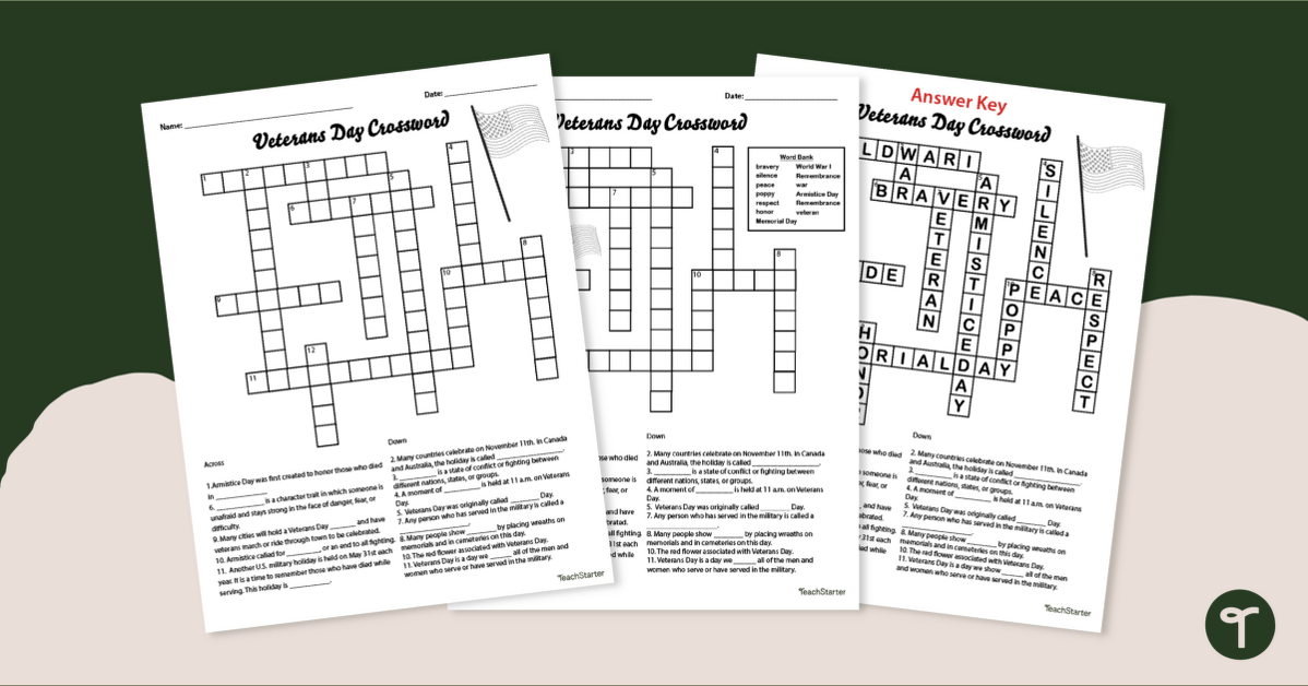 Veterans Day Worksheets-Crossword Puzzle teaching resource