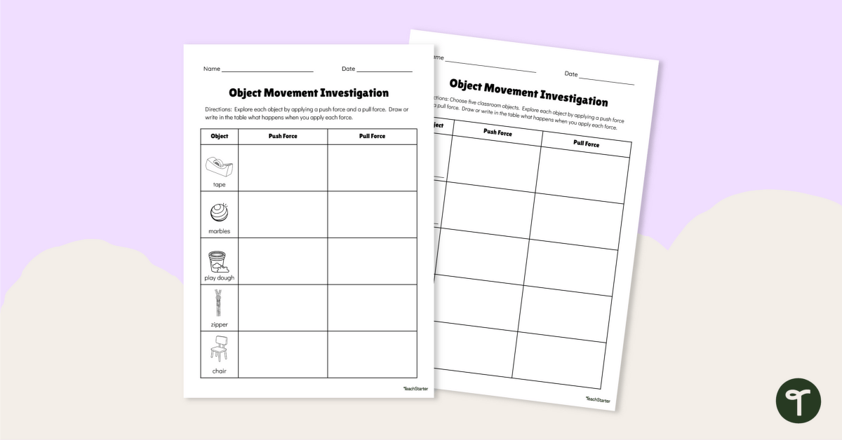 Object Movement Investigation Worksheets teaching resource
