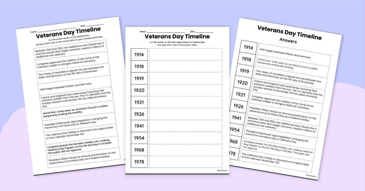 History of Veterans Day Timeline Worksheet teaching resource