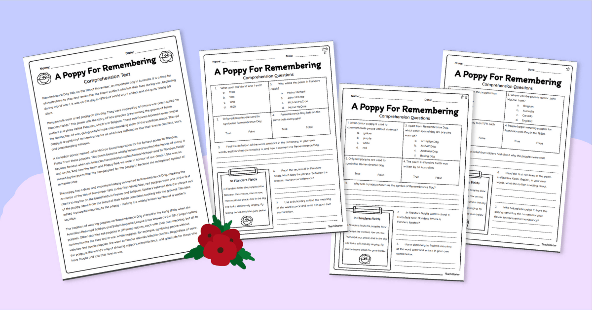A Poppy for Remembering - Year 5 Reading Comprehension teaching resource