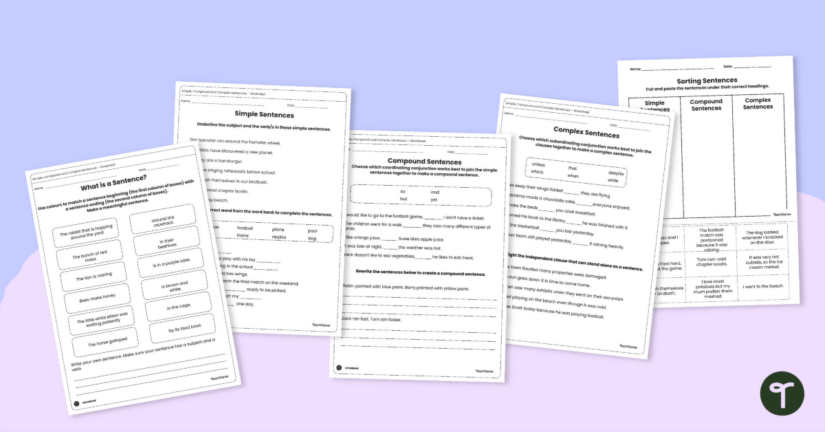Simple, Compound and Complex Sentences Worksheets teaching resource