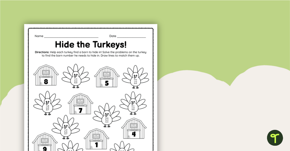 Hide-a-Turkey Kindergarten Math Worksheet teaching resource