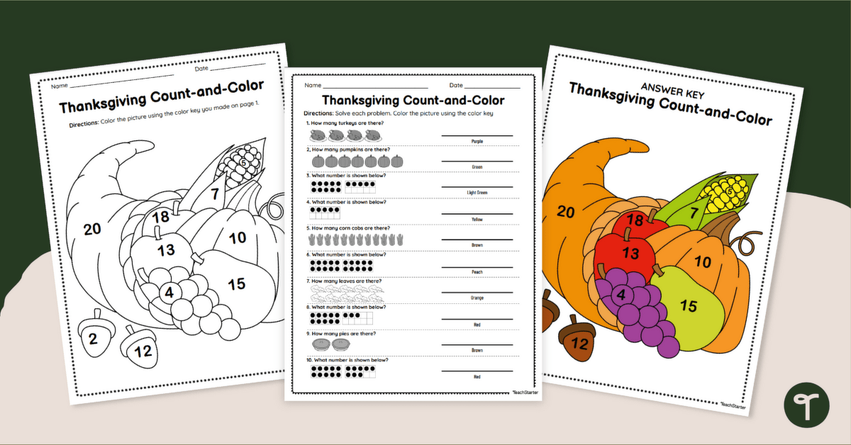 Thanksgiving Color-By-Number for Kindergarten - Counting teaching resource