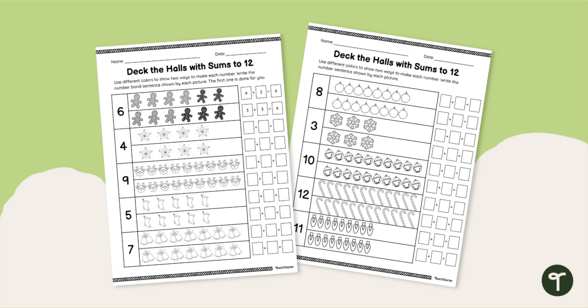 Christmas Math Worksheets - Sums to 12 Activity teaching resource